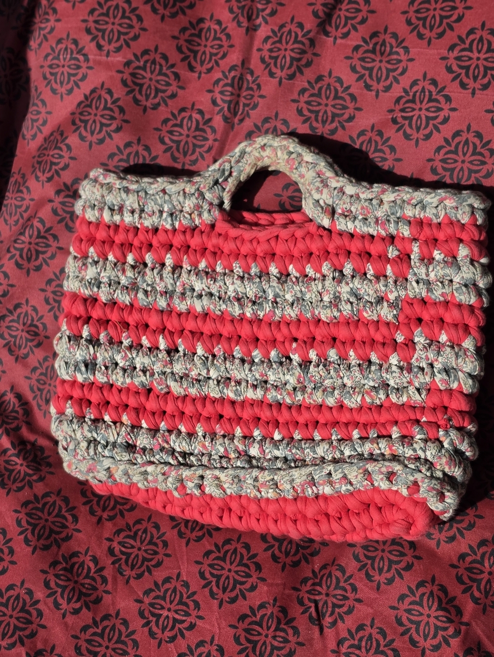 Vintage Bohemian Red Crocheted Purse Bag 14x10"